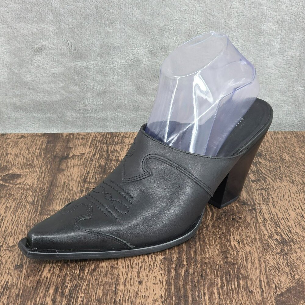 Nine West Ryegrass Western Mules 7.5 Black Leather Point Square Toe Cowgirl Boho